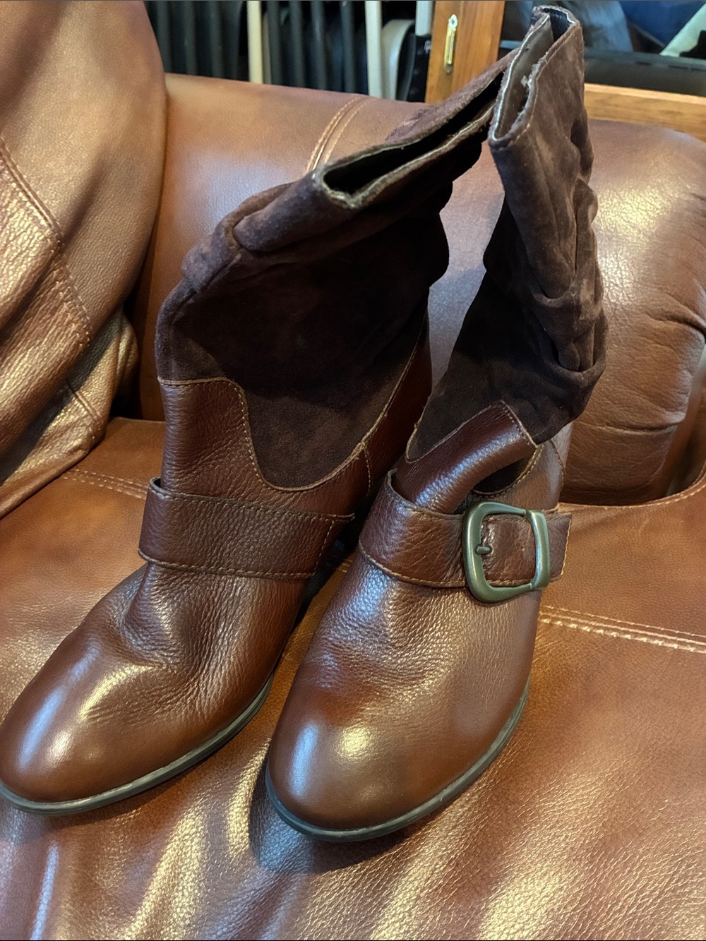 Born Brown Leather and Suede Buckle Heeled Boots